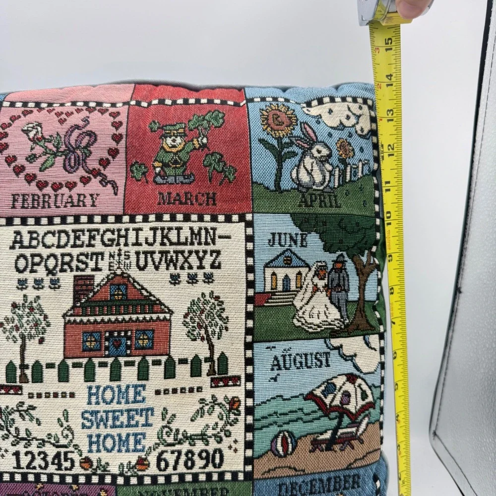 VTG Tapestry Pillow Calendar Sampler Folk Art Cottagecore Cozy Home Farmhouse
